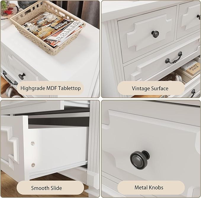 BLANKSPACE 5 Drawer Dresser for Bedroom, 44" Tall Dresser & Chest of Drawers wtih Vintage Surface, Closet Storage Cabinet for Living Room, Hallway, White