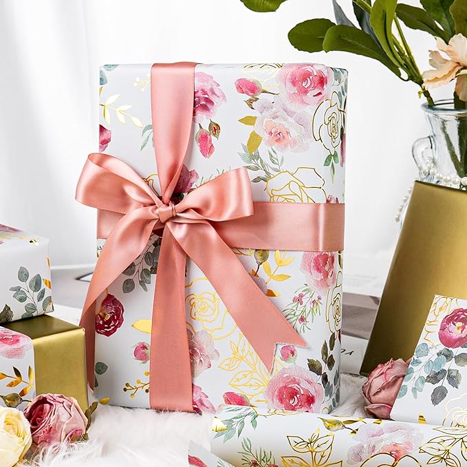 Merture Wrapping Paper Roll with Watercolor Roses - 17 In x 32.8 Ft (46.5 sqft) Foil Floral Gift Wrap with Matte Gold Reverse for Mother’s Day, Wedding, Birthday, Bridal Shower, Valentines Day