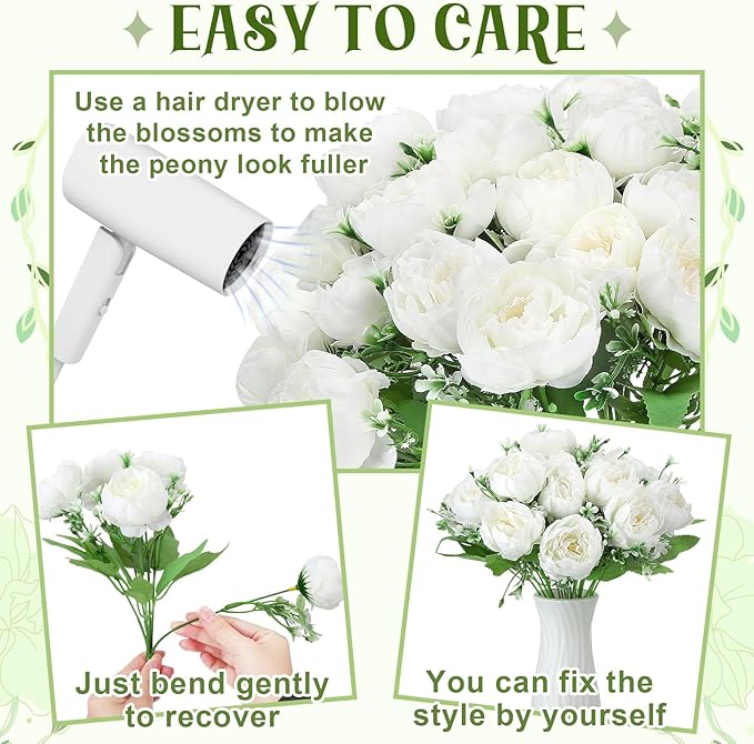 8 Pack White Peonies Artificial Flowers, Fake Silk Hydrangea Bouquet for Bridal Wedding Home Table Decor Reusable Dining Opening Ceremony Birthday Arrangement Faux Floral