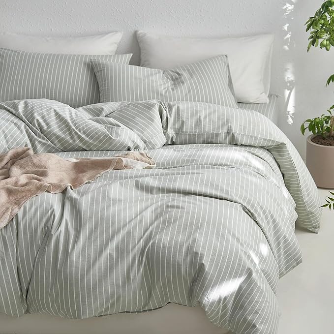MooMee Striped Duvet Cover Set 100% Washed Cotton Linen Like Textured Breathable Durable Soft Comfy (Sage Green White Wide Stripes, Full 80"x90")