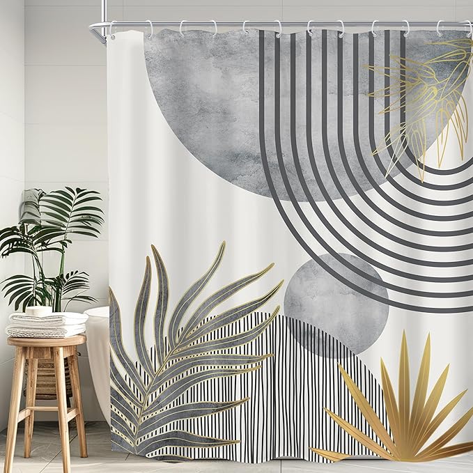 KOMLLEX Mid Century Boho Shower Curtain for Bathroom Decor Abstract Grey Modern Minimalist Gold Aesthetic Sun Arch Curve Leaves Geometric Neutral Fabric Waterproof Polyester 12 Pack Hook 60Wx72H
