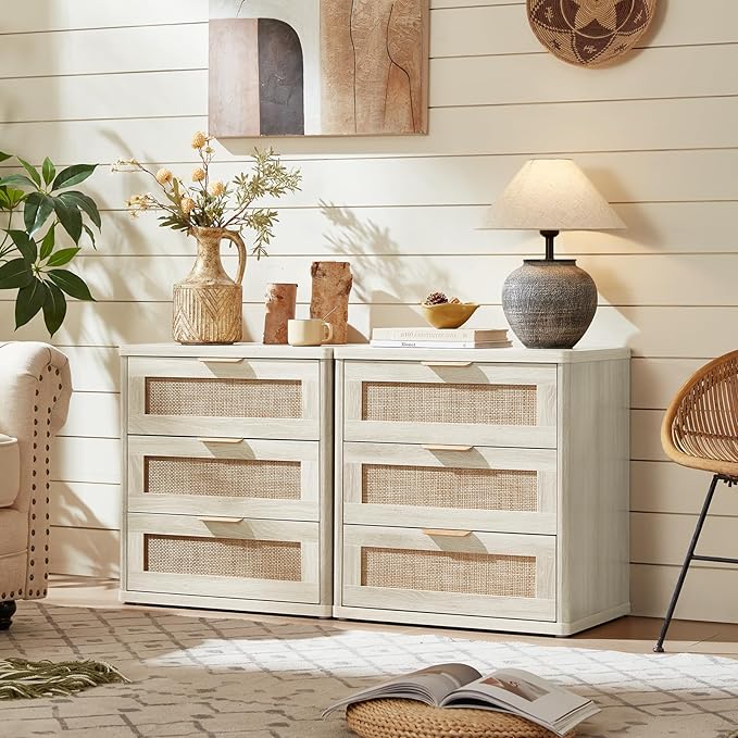 LEYAOYAO Boho Night Stands Set 2 with Storage, 23" Rattan Nightstand with 3 Drawers, Grey White Bed Side Table, Bedside End Tables for Bedroom, Living Room, Hallway