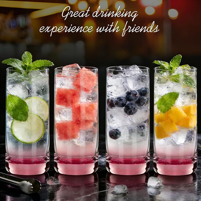 Pink Highball Glasses Set of 6,13oz Pink Drinking Glass Cups for Mixed Drink Cocktail, Beer, Mojito, Water and Juice,Thick Tall Crystal Glassware for Kitchen, Restaurant, Home Bar and Parties