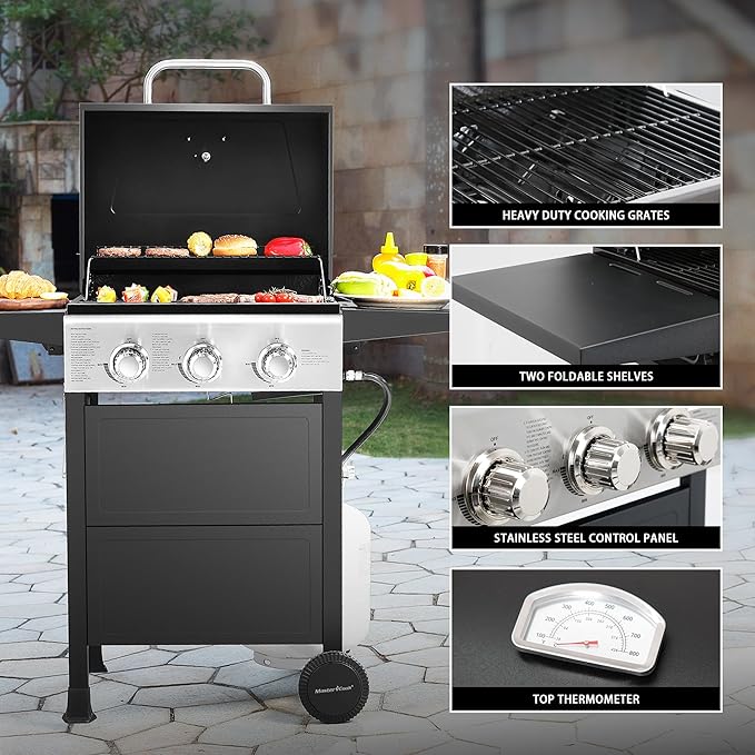 MASTER COOK 3 Burner BBQ Propane Gas Grill, 472 Sq. In. Cooking Area, 30,000 BTU Stainless Steel Barbecue Grill with Two Foldable Shelves for Outdoor Patio, Backyard