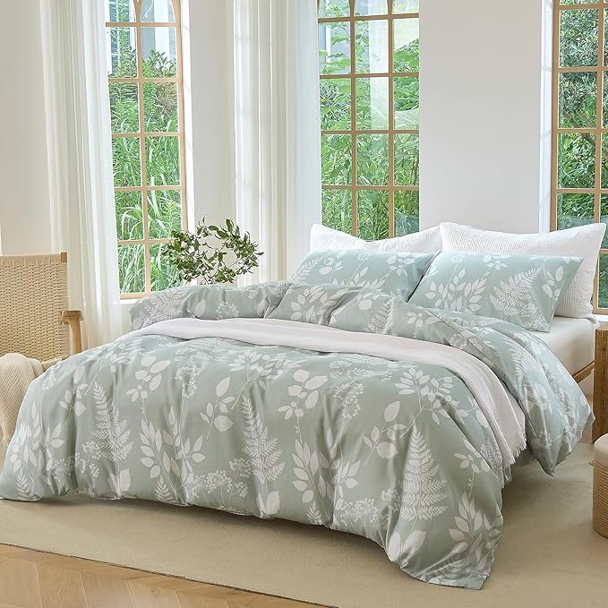 Nayoroom Floral Duvet Cover Queen Size White Green Botanical Flower Cottage Core Bedding Set 3 Pieces Soft Lightweight Microfiber Spring Aesthetic Duvet Cover Gift for Women