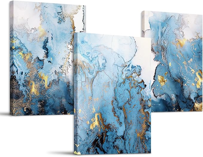 SERIMINO Blue Abstract Canvas Wall Art for Living Room, Navy and Gold Fluid Marble Wall Decor for Bedroom, Bathroom, Office, Home Decor, Set of 3 Print Painting, 16"X24"