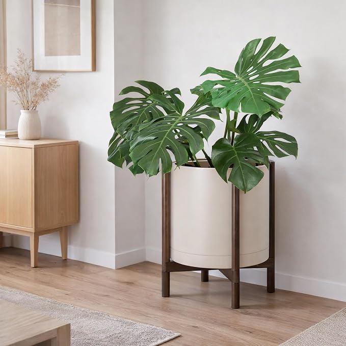 D'vine Dev Planter Pot with Stand - 16 Inch Plastic Cylinder Flower Pot with Wood Planter Holder for Indoor, Oatmeal Pot + Walnut Color Stand, 55-C-X-4