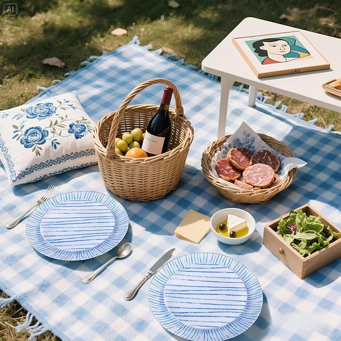 U-QE 20Pcs Blue Plastic Plates - Blue Stripes Hanukkah Plates Disposable Heavy Duty, Fancy Stripes Pattern Perfect for Hanukkah, Weddings, Tea Parties, Holidays - 10.25" Dinner & 7.5" Dessert Plate