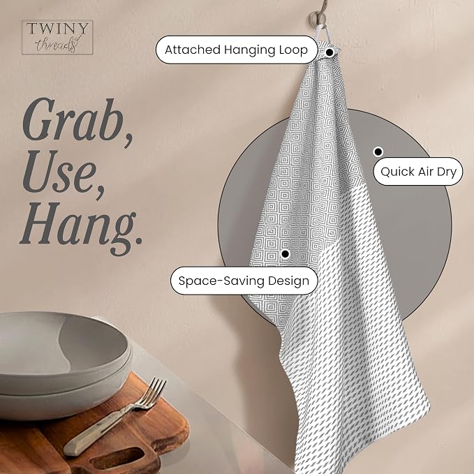 TWINY threads Dish Towel Diamond Weave, Premium 100% Cotton Kitchen Linen Set, Large Dish Rags and Wash Rags, Absorbent Quick Drying, Washable Reusable Dishcloth Set, 4 Pack, 18"x26", Light Grey