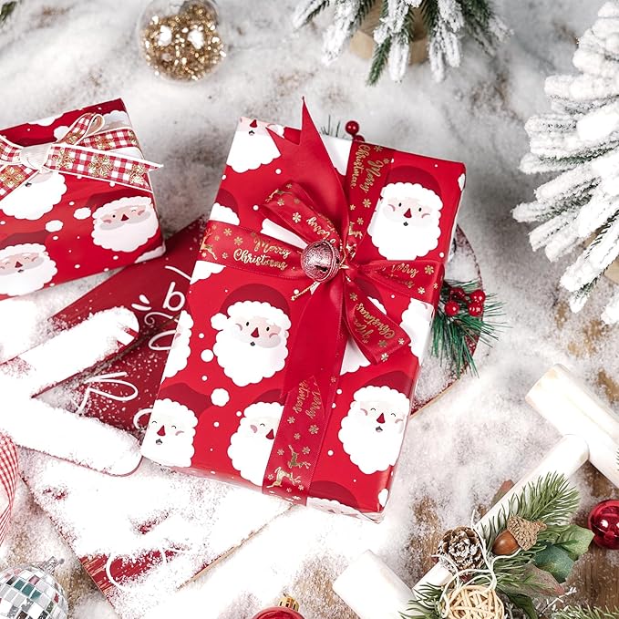 LeZakaa Christmas Wrapping Paper Roll - Mini Roll - 3 Rolls - 17 Inch X 120 Inch Per Roll - Red & White Penguins, Ho, Santa Claus, Christmas Elements Holiday Collection