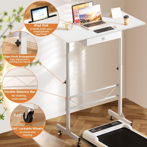 COMHOMA Adjustable Height Small Standing Desk - Mobile Portable Laptop Table with Wheels | 32" Workstation