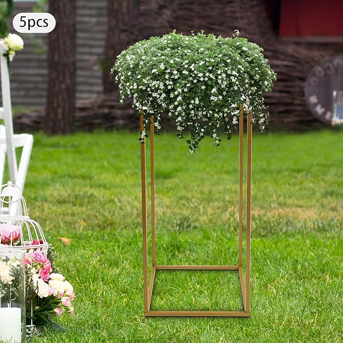 5PC 23.6" Flower Stand for Wedding Metal Cylinder Stands for Party Rectangular Gold Centerpieces Flower Vase Gold Pedestal Columns for Weddings Indoor Outdoor Flower Plant Stand Decoration