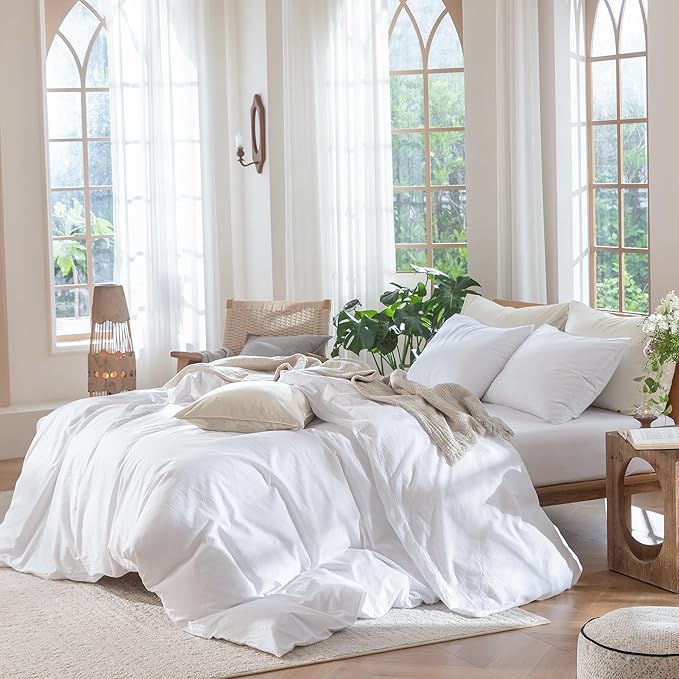 MooMee Bedding Duvet Cover Set 100% Washed Cotton Linen Like Textured Breathable Durable Soft Comfy (Solid Bright White, Queen 90"x90")