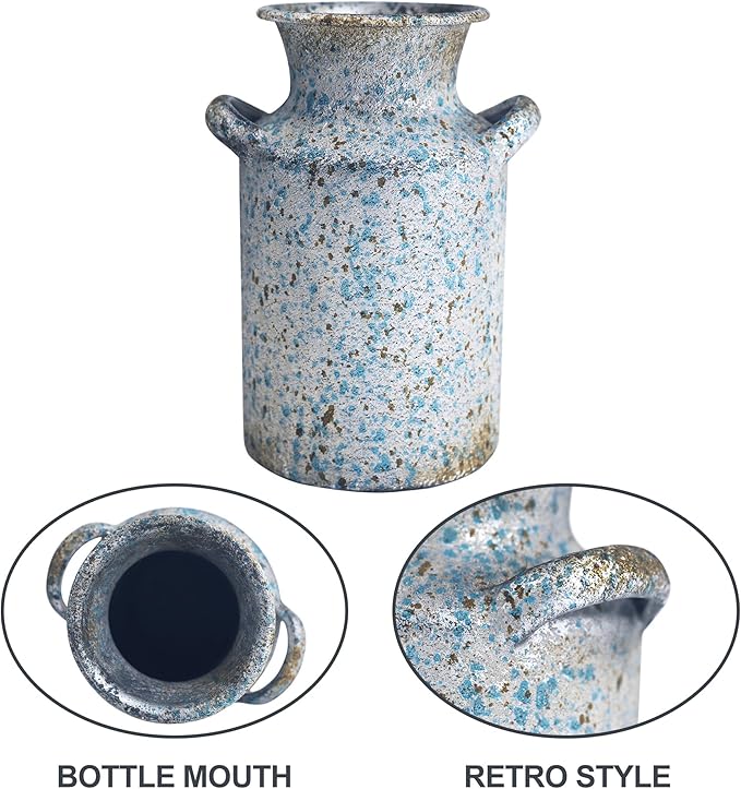 Rustic Vintage Metal Flower Vase for Decor Milk Jug Small Vases for Flowers Kitchen Decorations, Cylindrical,Perfect for Kitchen, Dining Room, Living Room,Housewarming Gift, Blue
