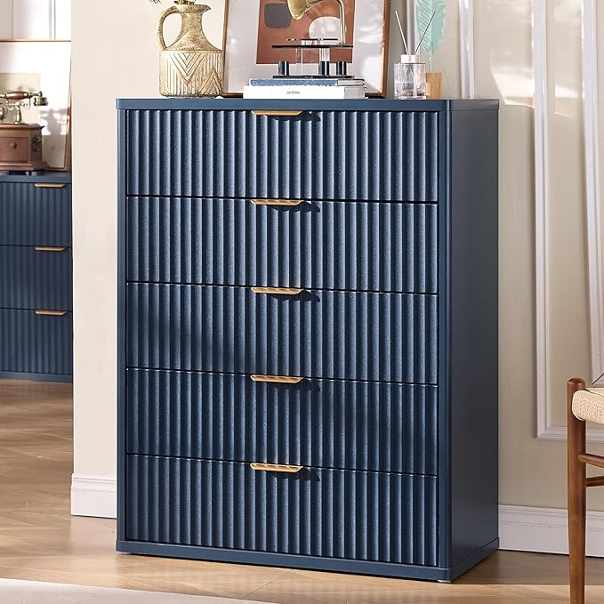 Fluted 5 Drawers Dresser for Bedroom, 41" Tall Modern Chest of Drawers with Metal Handle,Navy Blue Wood Drawer Organizer for Bedroom, Living Room, Hallway, Entryway
