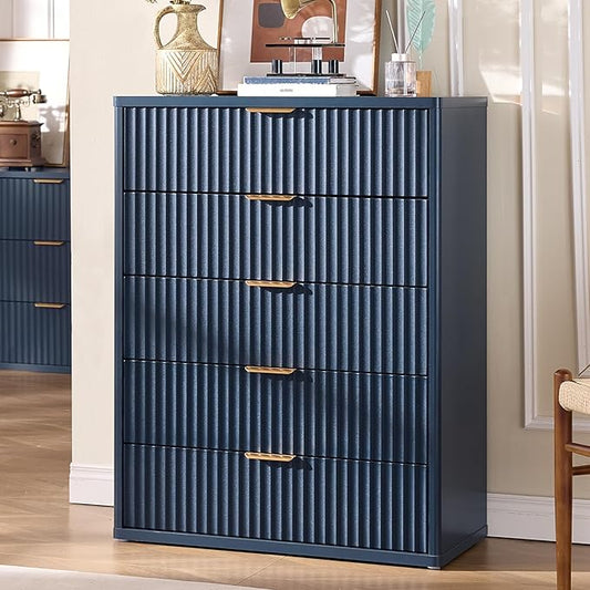 Fluted 5 Drawers Dresser for Bedroom, 41" Tall Modern Chest of Drawers with Metal Handle,Navy Blue Wood Drawer Organizer for Bedroom, Living Room, Hallway, Entryway