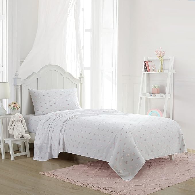 Laura Ashley Kids - Queen Sheet Set, Soft & Wrinkle-Resistant Toddler Bedding Set, Ideal Girl Room Essentials, Bed Sheets with Matching Pillowcases (Fluttery Friends Pink)