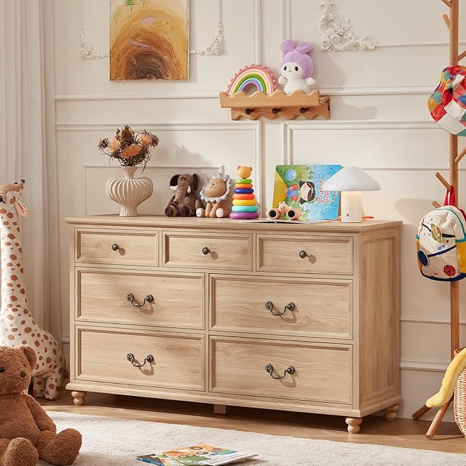 Farmhouse 54" 7 Drawers Dresser for Bedroom, Wide Chest of Drawers w/ 4 Wooden Legs, Vintage Rustic Large Closet Storage Dressers Organizer for Hallway, Wood TV Stand for Living Room, Natural