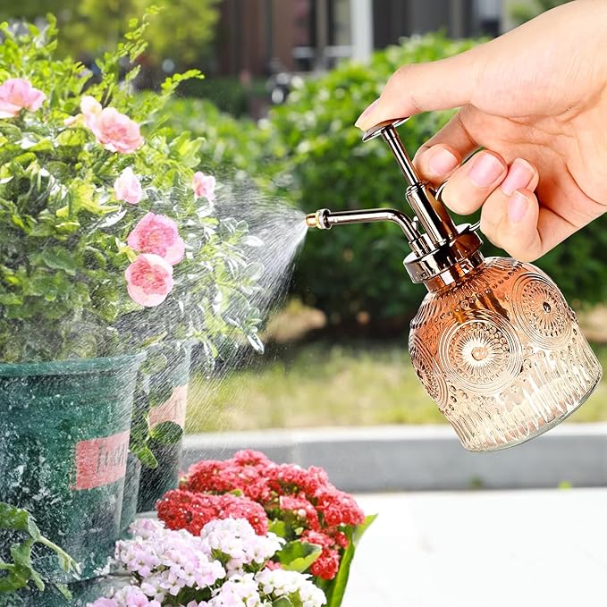 Glass Plant Mister Spray Bottle, 230ML Vintage Plant Spritzer, Succulent Watering Bottle Glass with Top Pump, Small Plants Sprayer Watering Can for Indoor Outdoor House(Gradient Brown)