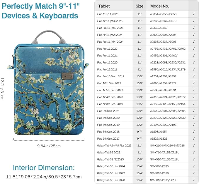 MoKo 9-11 Inch Tablet Sleeve Bag Handle Carrying Case with Shoulder Strap for iPad Pro, Air, 10th, 9/8/7, Air 5/4, Tab S8/S9, Apricot Flower