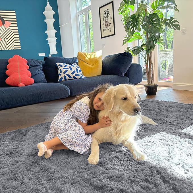 OLANLY 4x5 Machine Washable Accent Rug, Soft Fluffy Shaggy Area Rug for Bedroom, Living Room, Indoor Floor Carpet for Kids, Nursery, Home Decor, Light Grey
