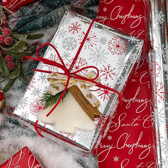 MAYPLUSS Christmas Wrapping Paper Roll - 17IN X 33FT - Christmas Gift Wrapping Paper Featuring Red and White Snowflake Against Silver Reversible Merry for Kids, Holiday, New Year
