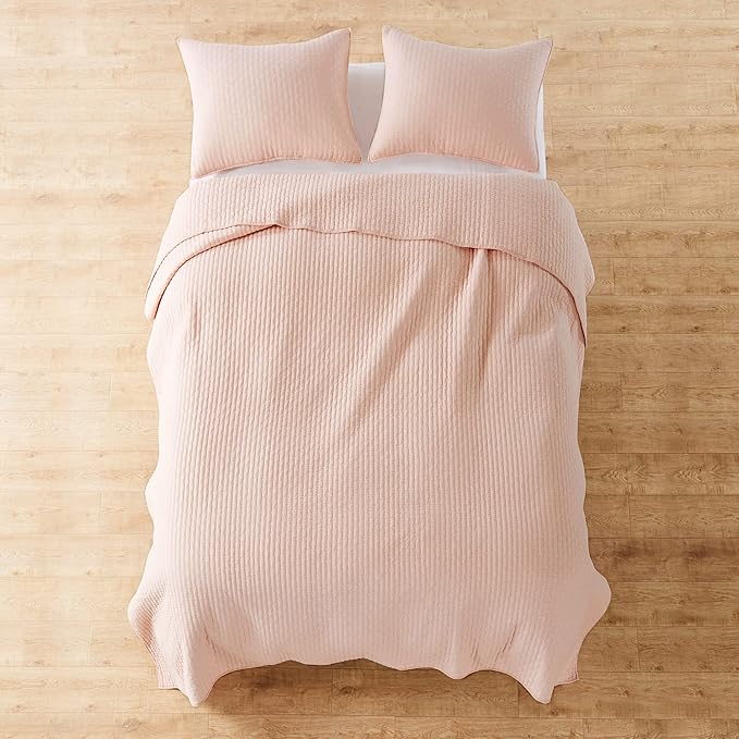 Levtex Home Cross Stitch Reversible Full/Queen Quilt Set (88x92in) with 2 Pillow Shams (26x20in) - Stitch Texture - Blush - Cotton Full/Queen Size Quilt Bedding Set - Lightweight, Soft, Pre-Washed