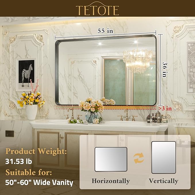 TETOTE Black Bathroom Mirror, 55 x 36 Inch Matte Metal Frame Modern Farmhouse Decor Rectangular Large Entryway Vanity Wall Mounted Mirror (Horizontal/Vertical)
