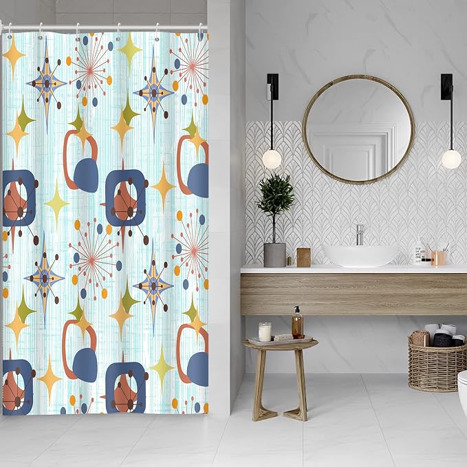 Mid Century Shower Curtain, 48x72inch, Modern Abstract Retro Blue Striped Geometric Shower Curtain Sets 1950s Boho Bathroom Shower Curtain with 8 Hooks