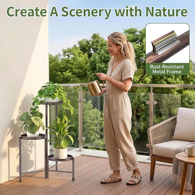 LASZOLA 3 Tier Large Plant Stand Indoor Tall with 10 Inch Metal Tray, Corner Folding Flower Display Rack, Modern Plant Holder Shelf for Outdoor Patio Porch Garden Office Living Room, Bronze