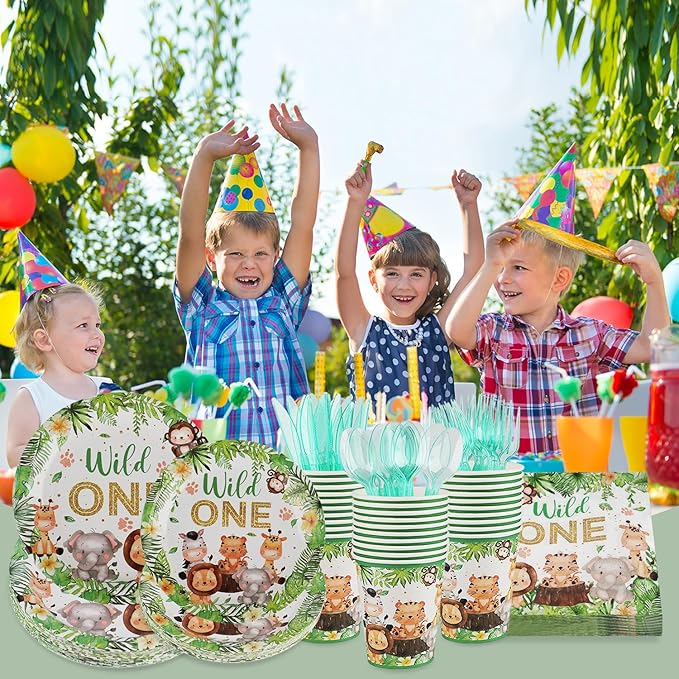 168 PCS Wild One Birthday Tableware Supplies, Disposable Plates Napkins Cups Knives Forks Spoons, Elephant Tiger Tableware Set for Jungle Safari Birthday Baby Shower Christmas Party Decor, Serves 24