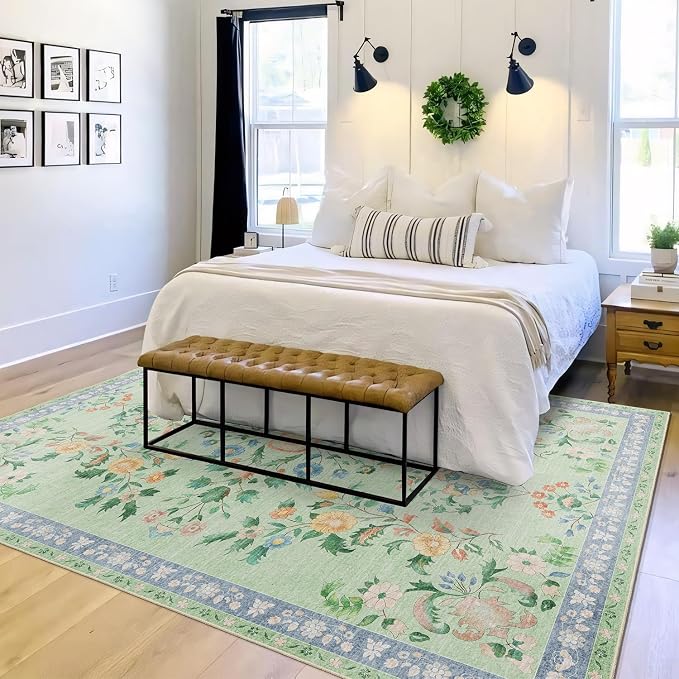 MUJOO 5x7 Area Rugs Washable,Green Floral Rugs for Living Room Bedroom Dining Room Playroom,Boho Indoor Floor Rug Large Non Slip Throw Carpet Low Pile Vintage