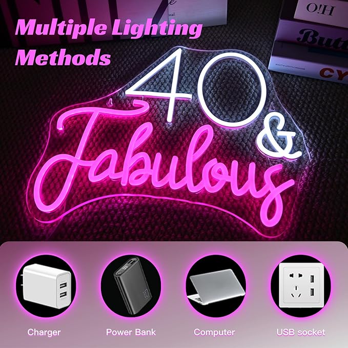 40&Fabulous LED Neon Light Sign forty Years Old Birthday Party Wall Decor Sign Gifts Bedroom Sign for Women Men Backdrop Happy 40th Birthday Party Favor
