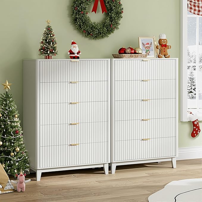 WLIVE Fluted Dresser for Bedroom with 5 Drawers, 46.26" Tall Wooden Dresser with Golden Metal Handles, Mid Century Modern Chest of Drawers for Living Room, Hallway, Closet, Solid White