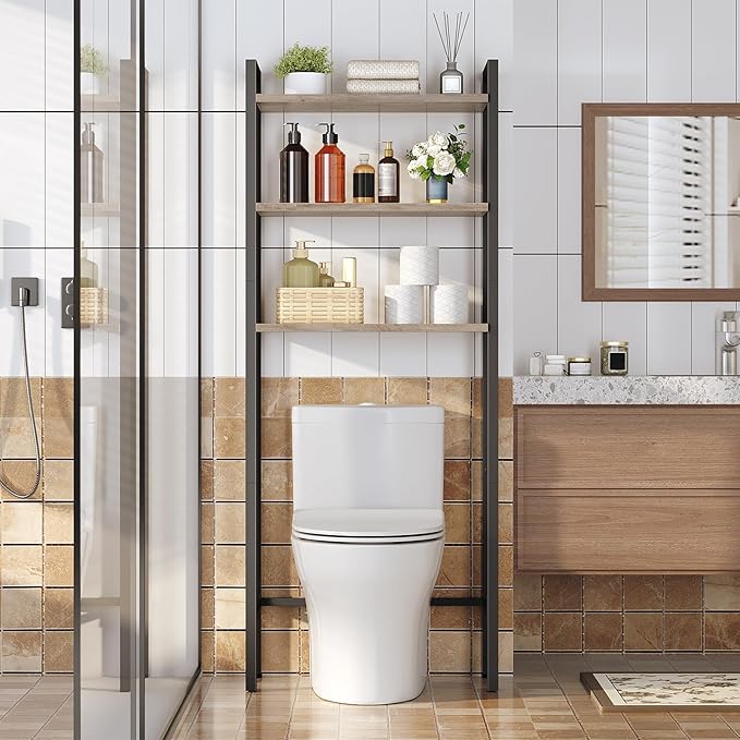 HOOBRO Over The Toilet Storage, 3-Tier Bathroom Organizer Shelf Over Toilet, Freestanding Bathroom Storage Shelves, Space Saver, Easy to Assemble for Room, Greige and Black BG41TS01