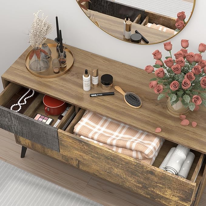 Hadulcet Wood Dressers for Bedroom 34” Tall, Large 8 Drawer Dresser TV Stand, Modern Chest of Drawers Closet Clothes Storage Organizer with Fluted Panel, No Handles Design, Dark Wood