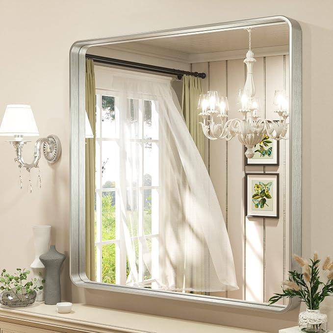 TETOTE Silver Bathroom Mirror, 36 x 36 Inch Wall Mounted Square Brushed Nickel Metal Framed Modern Farmhouse Decorative Vanity Mirror for Living Room Entryway