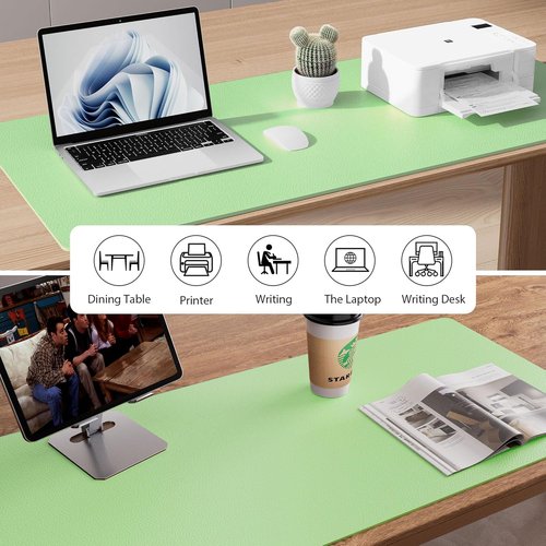 Aothia Faux Leather Desk Mat - Large Non-Slip PU Leather Blotter | Waterproof Writing Surface (Foam Green, 55" x 24")