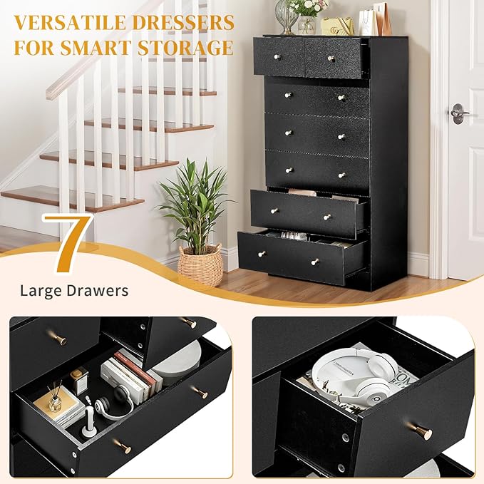Karl home Black 7 Drawer Dresser for Bedroom, Tall Dresser Chest of Drawers, Rustic Wood Bedroom Dressers Clothes Organizer, Anti-Tipping Device, Rose Gold Metal Handle, Living Room, Entryway, Office