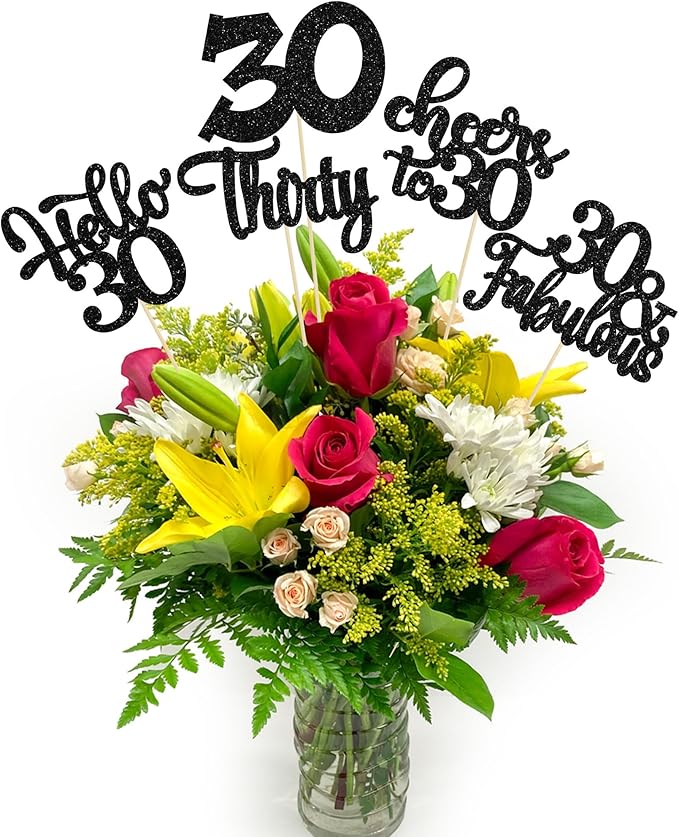 Gyufise 15Pcs 30th Birthday Centerpiece Sticks Thirty Happy 30th Table Flower Centerpieces Sticks Cheers to 30 Floral Decorations for 30th Birthday Party Centerpieces Supplies Black