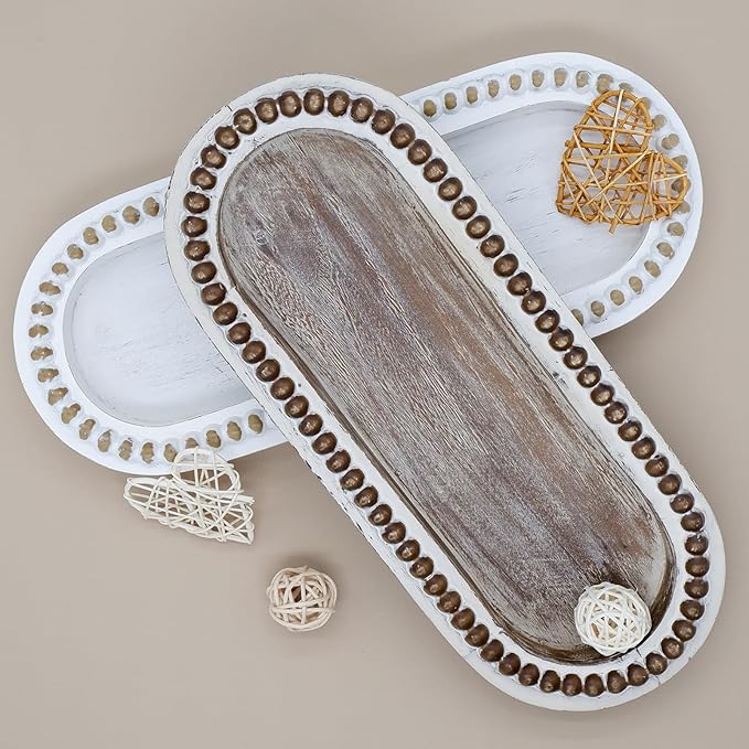 Wood Serving Tray, Wooden Bead Decorative Tray, White Washed Coffee Table Tray for Ottoman, Rustic Distressed Decor for Home, Kitchen, Farmhouse (Natural Wood)