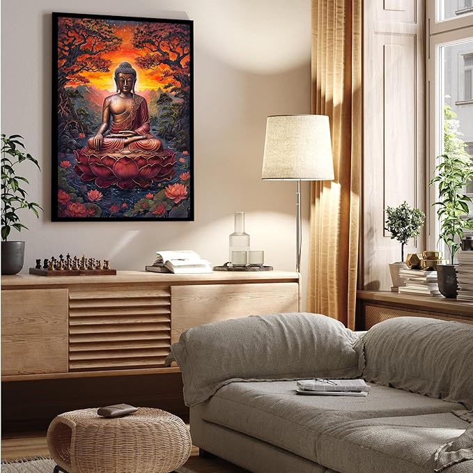 Golden Buddha on lotus seat serene meditation statue amidst lush trees flowing water and sunrise light spiritual home art for a tranquil decor 8x12in Metal blackFramed