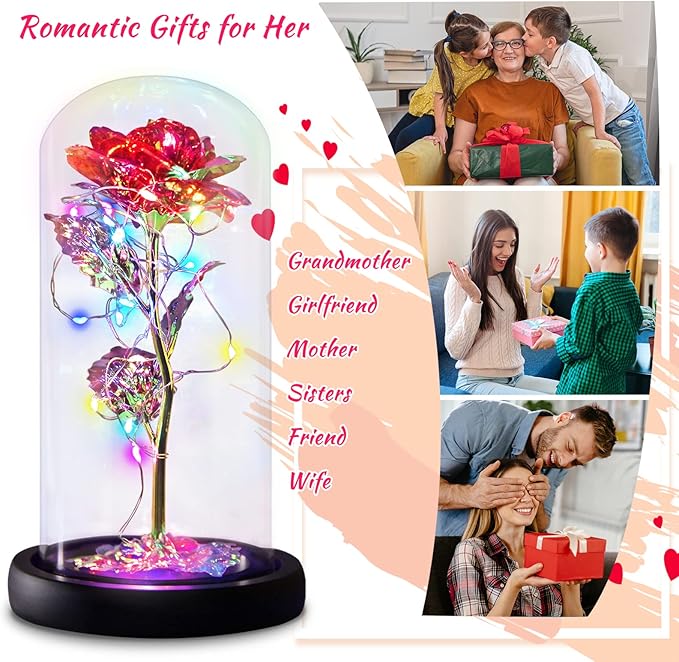 Eternal Rose Preserved Flower Birthday Gifts - Women Gifts for Her Anniversary Valentines Mothers Day Christmas Thanksgiving - Light Up Red Rose Glass Flower Gifts for Mom Wife Grandma Girlfriend Lady