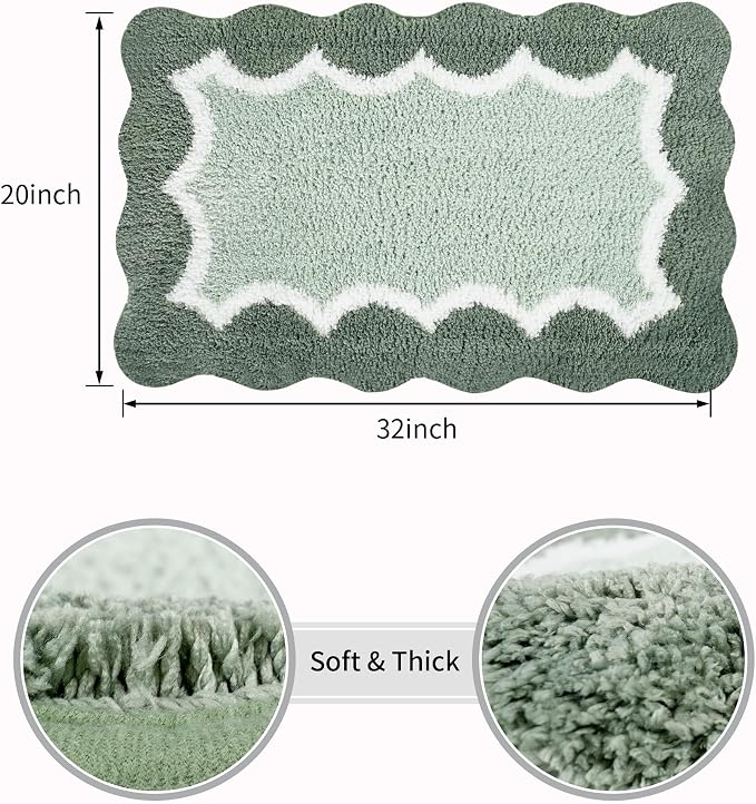 Scalloped Green Bathroom Rugs Mat,Non Slip Absorbent Quick Dry Bath Mats for Shower Room,Plush Microfiber Bath Mats for Bathroom Floor Washable Carpet for Shower Tub Sink Bedroom,20"x32"