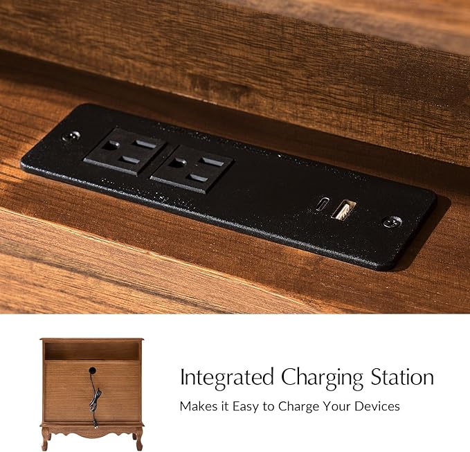 HULALA HOME Transitional Side Table Set of 2 with 3 Drawers and Charging Station, 28" Solid Paulownia Wood Sidetable with Vertical Stripe, Cherry