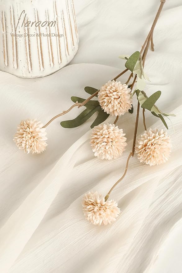 Floroom 6pcs Beige Faux Silk Mums Artificial Flowers, Bulk Fake Small Mini Chrysanthemums with Stems for DIY Champagne Wedding Centerpieces Floral Arrangements Vase Fillers Home Decorations