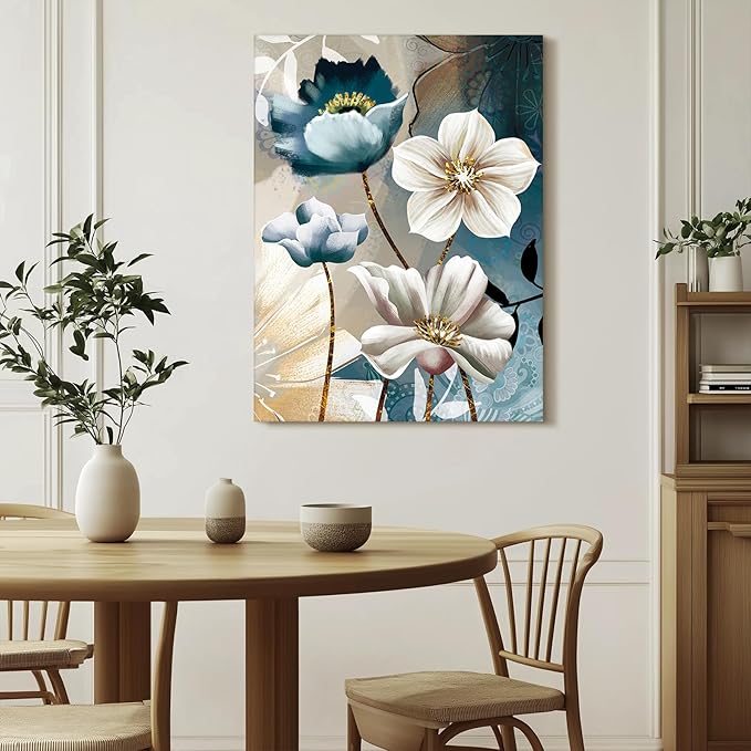 SERIMINO Lotus Flower Canvas Wall Decor Living Room, Blue Floral Picture Wall Art for Dining Room Bedroom, Art Prints Paintings for Home Decorations 16"X24"