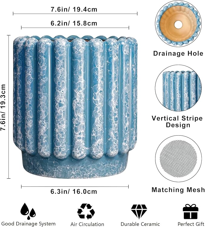Ceramicfor Ceramic Planter - 7.6 Inch Ceramic Plant Pots with Drainage Hole, Decorative Flower Pots for Indoor Outdoor, Fluted Round Planter, Room Home Decor, Plant Lover Gifts for Women, Blue