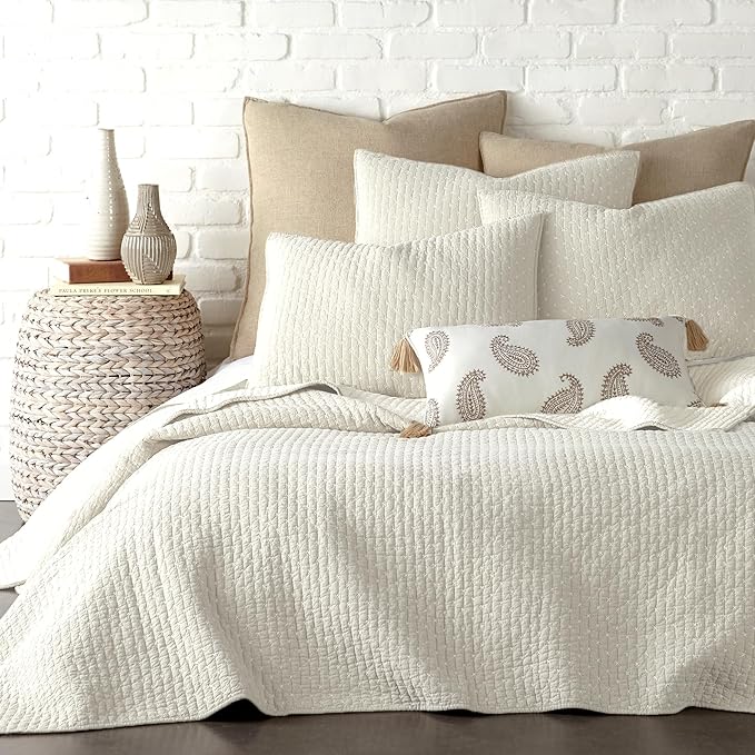 Levtex Home - Cross Stitch Quilt Set - 100% Cotton - King Quilt (106x92in.) + 2 King Shams (36x20in.) - Cream