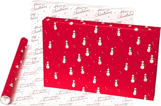 American Greetings Reversible Snowman Christmas Wrapping Paper Roll, Red and White Holiday Gift Wrap (60 sq. ft., 1 Standard Roll Wrap-30 in. x 24 ft.) Minimalist Design with Merry Christmas Script